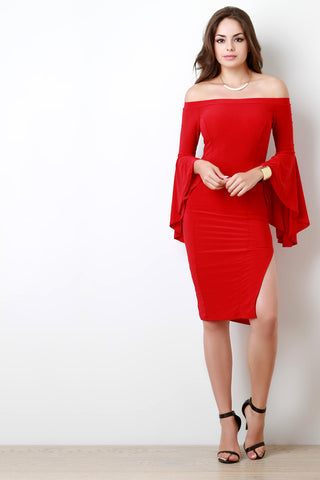 Banded Off The Shoulder Ruffle Sleeves Bodycon Dress