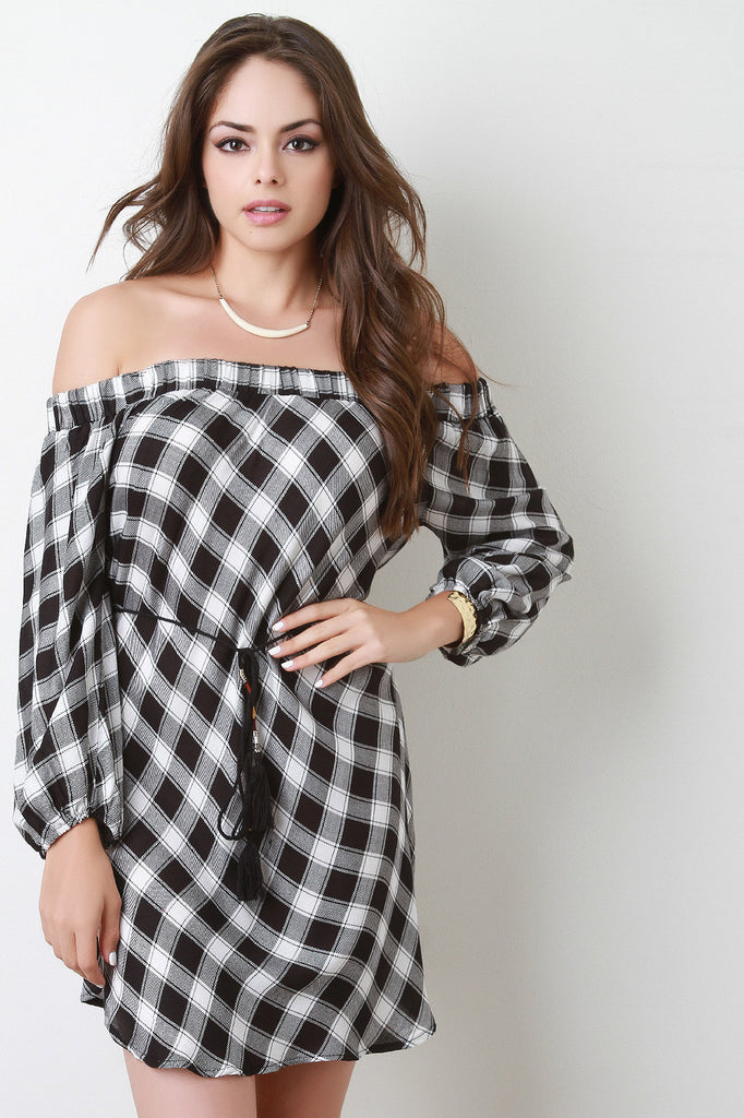 Plaid Off-The-Shoulder Long Sleeve Belted Dress