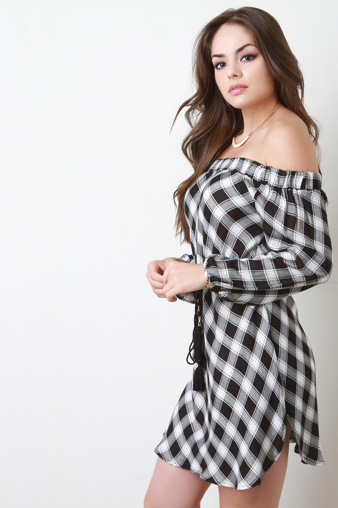 Plaid Off-The-Shoulder Long Sleeve Belted Dress