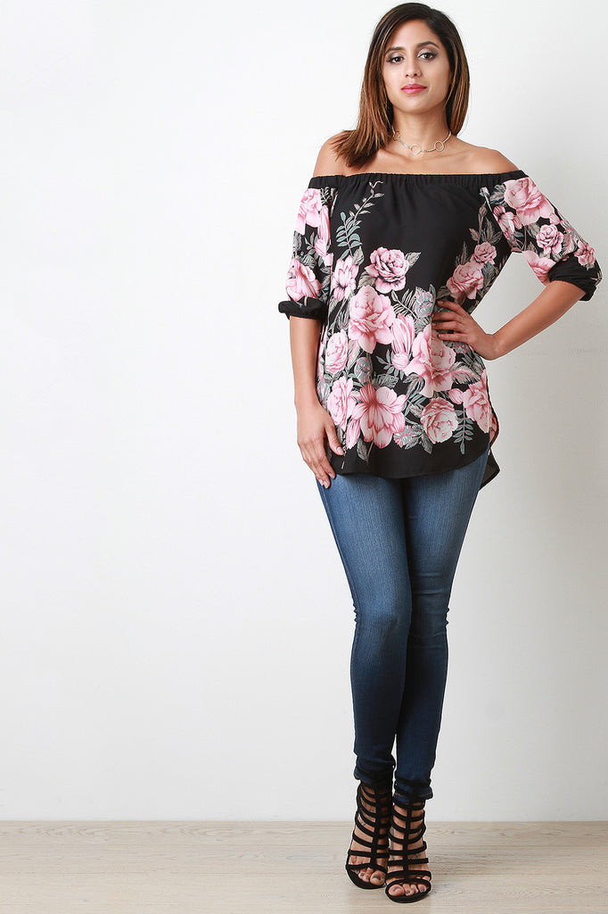 Chiffon Floral Elbow Sleeve Off-The-Shoulder Blouse