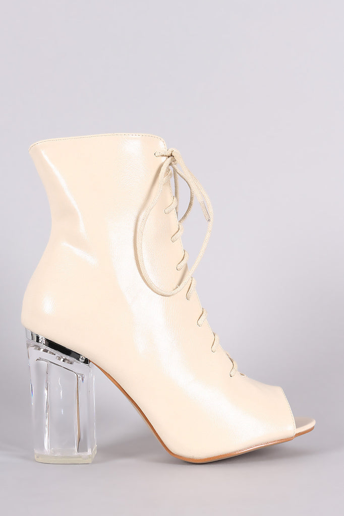 Peep Toe Lace Up Chunky Lucite Heeled Ankle Boots