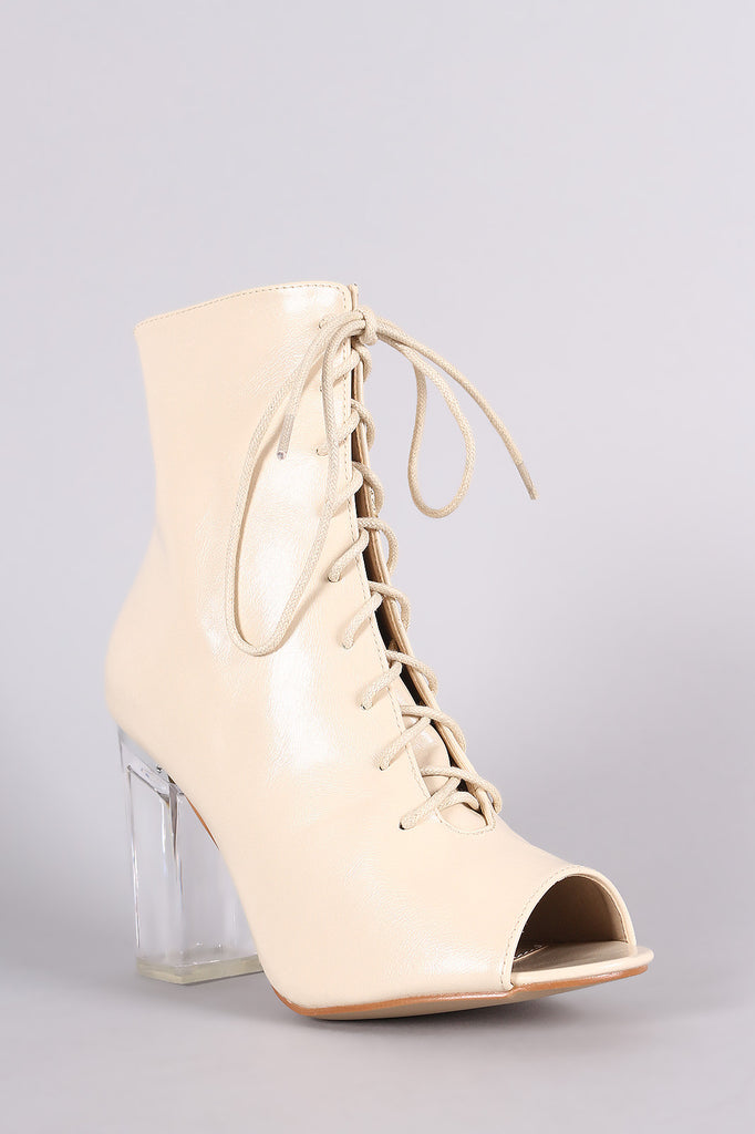 Peep Toe Lace Up Chunky Lucite Heeled Ankle Boots