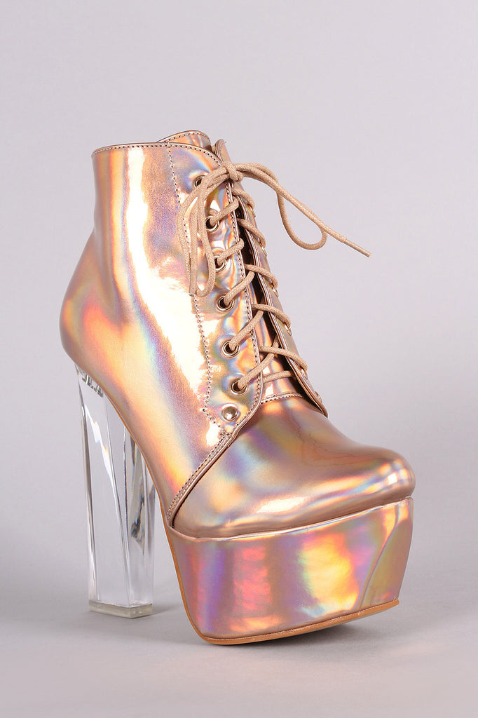 Hologram Lace Up Lucite Chunky Platform Heeled Booties