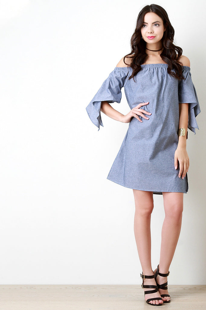 Chambray Off The Shoulder Slit Sleeves Dress
