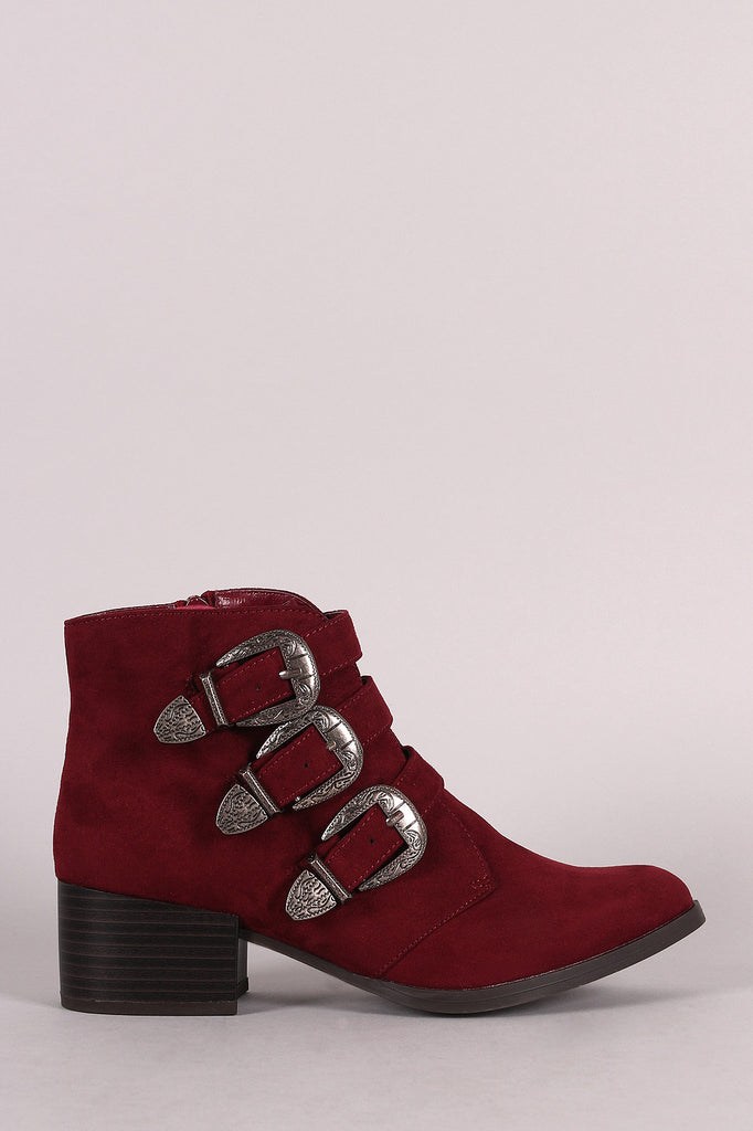 Qupid Triple Buckle Cowgirl Ankle Boots