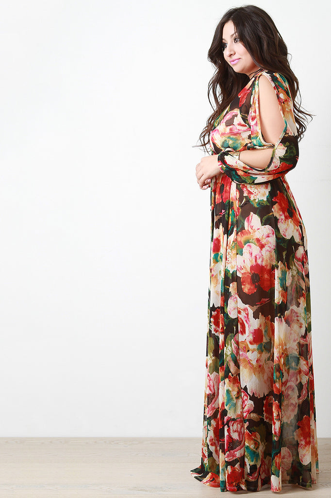 Floral Printed Mesh Slit Sleeve Wrap Maxi Dress