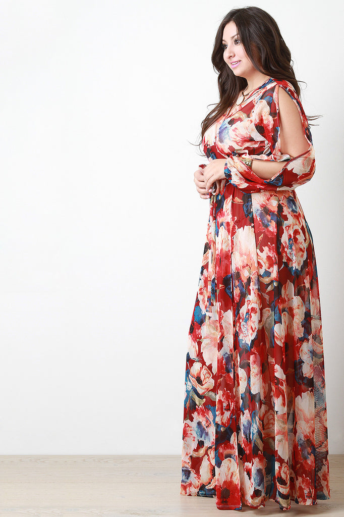 Floral Printed Mesh Slit Sleeve Wrap Maxi Dress