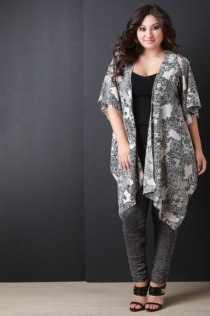 Lace Print Asymmetrical Hem Kimono