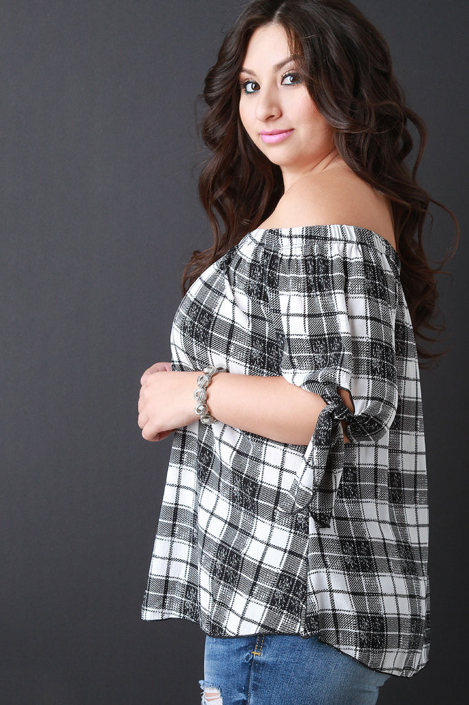 Plaid Tie Sleeve Off The Shoulder Top