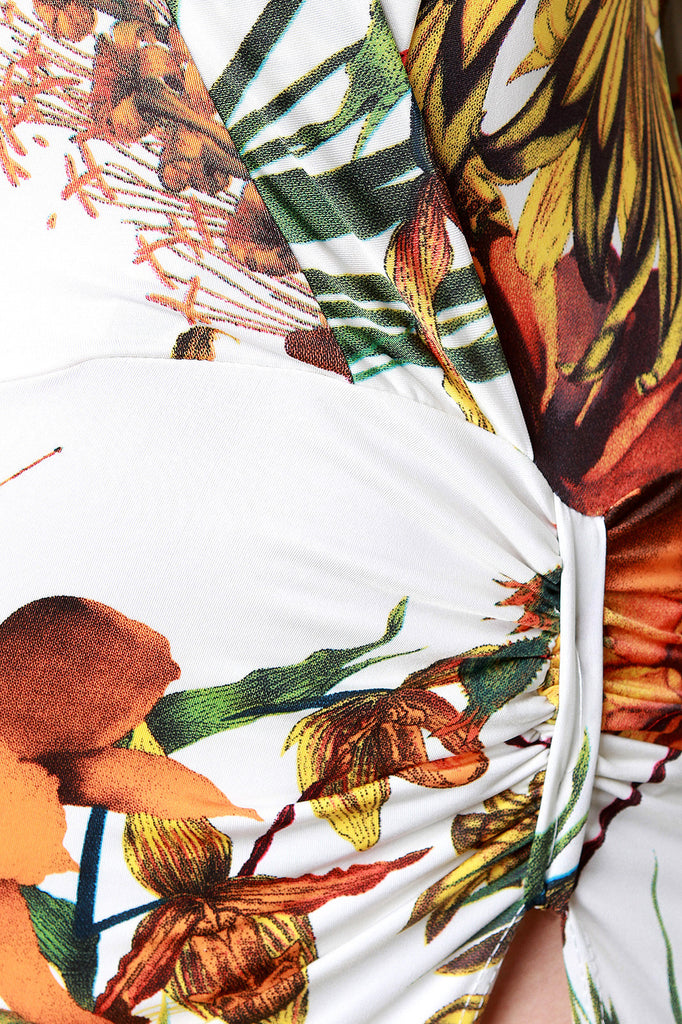 Tropical Print Plunging V High Slit Maxi Dress