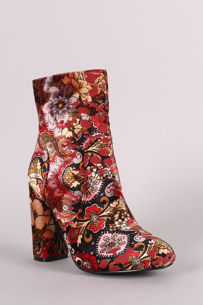 Floral Print Velvet Chunky Heel Ankle Boot