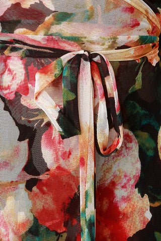 Floral Print Semi-Sheer Mesh Slit Sleeve Wrap Dress