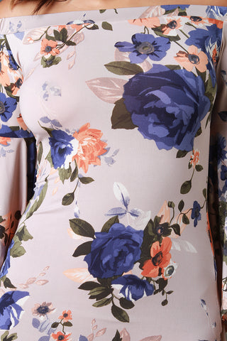 Floral Bell Sleeves Deep Slit Bardot Dress