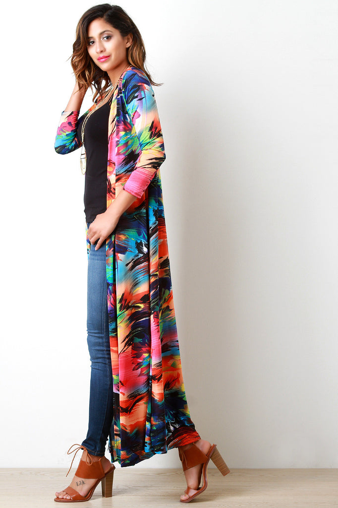 Neon Tropical Longline Open Front Cardigan