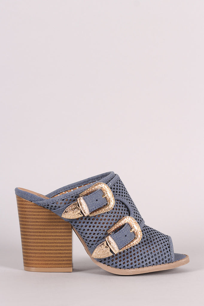 Qupid Perforated Denim Print Buckled Chunky Mule Heel