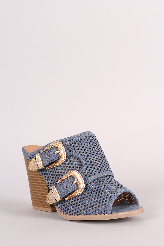 Qupid Perforated Denim Print Buckled Chunky Mule Heel