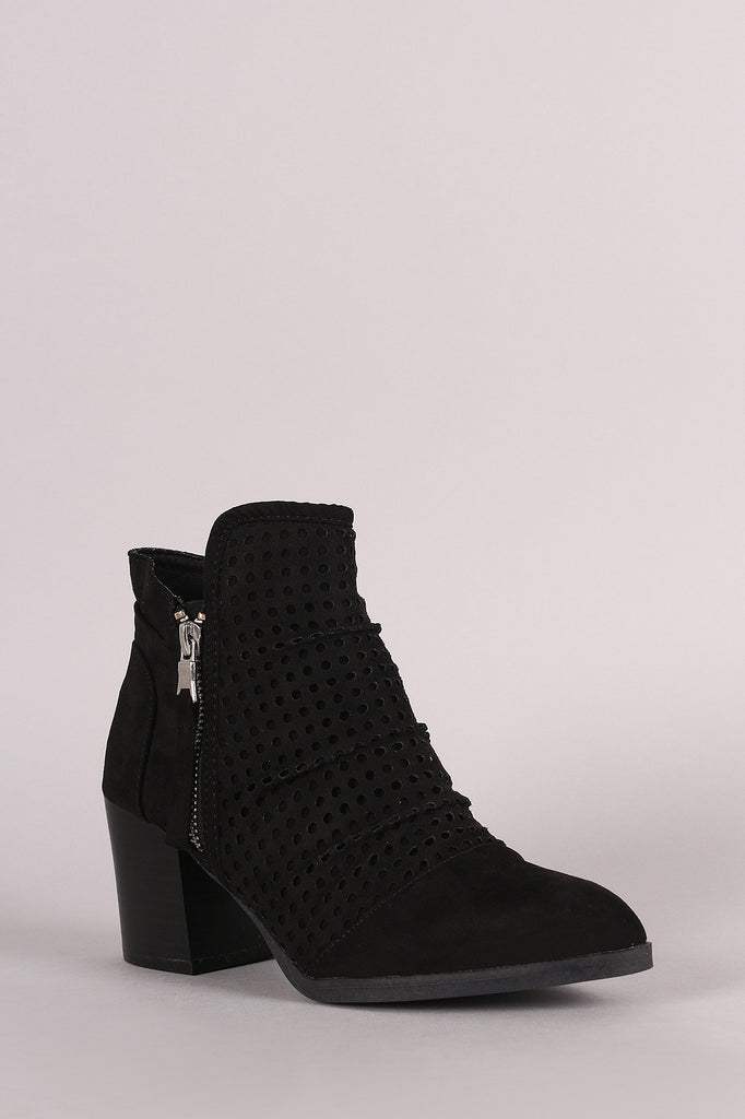Qupid Perforated Suede Chunky Heeled Cowgirl Booties