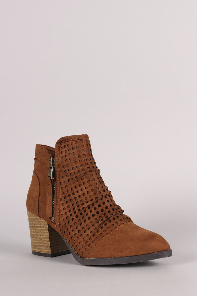 Qupid Perforated Suede Chunky Heeled Cowgirl Booties
