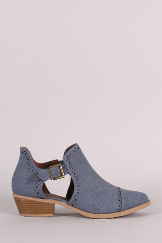 Qupid Perforated Denim Buckled Cutout Cowgirl Ankle Boots