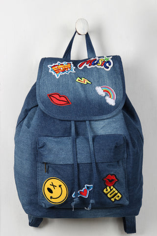 Graphic Patch Denim Drawstring Backpack