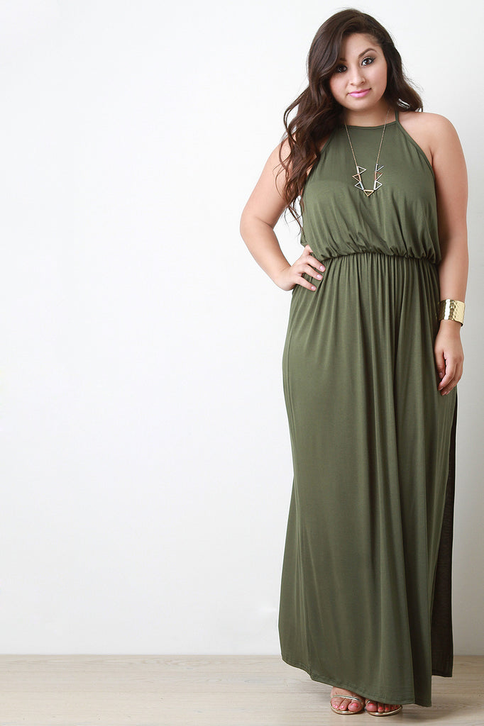 Ruched Waist Side Slit Maxi Dress