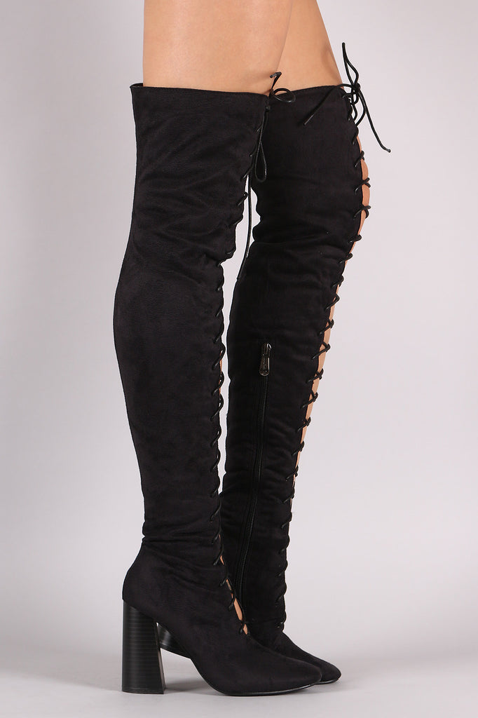 Suede Lace Up Chunky Heeled Over-The-Knee Boots
