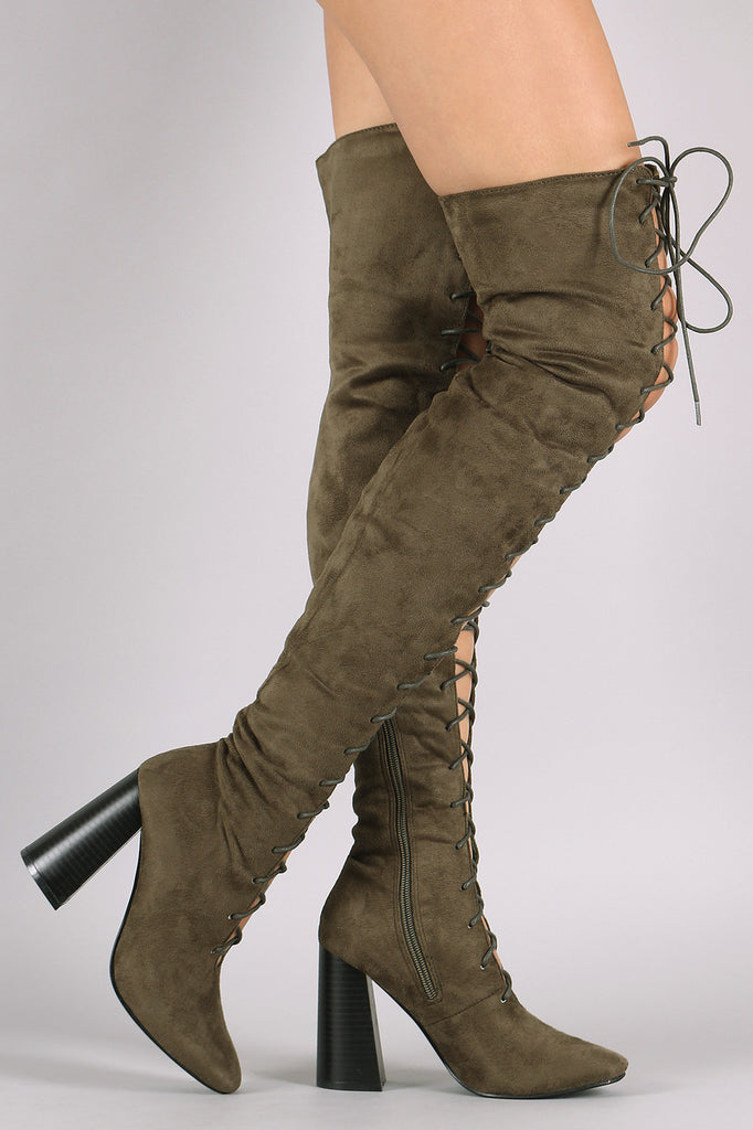 Suede Lace Up Chunky Heeled Over-The-Knee Boots