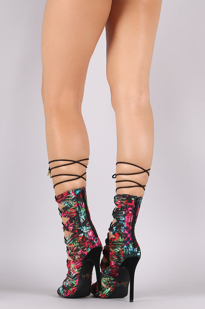 Qupid Abstract Tropical Print Lace Up Platform Stiletto Heel