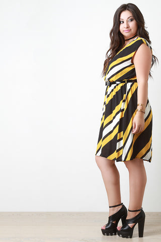Diagonal Stripe Sleeveless Belted Dress