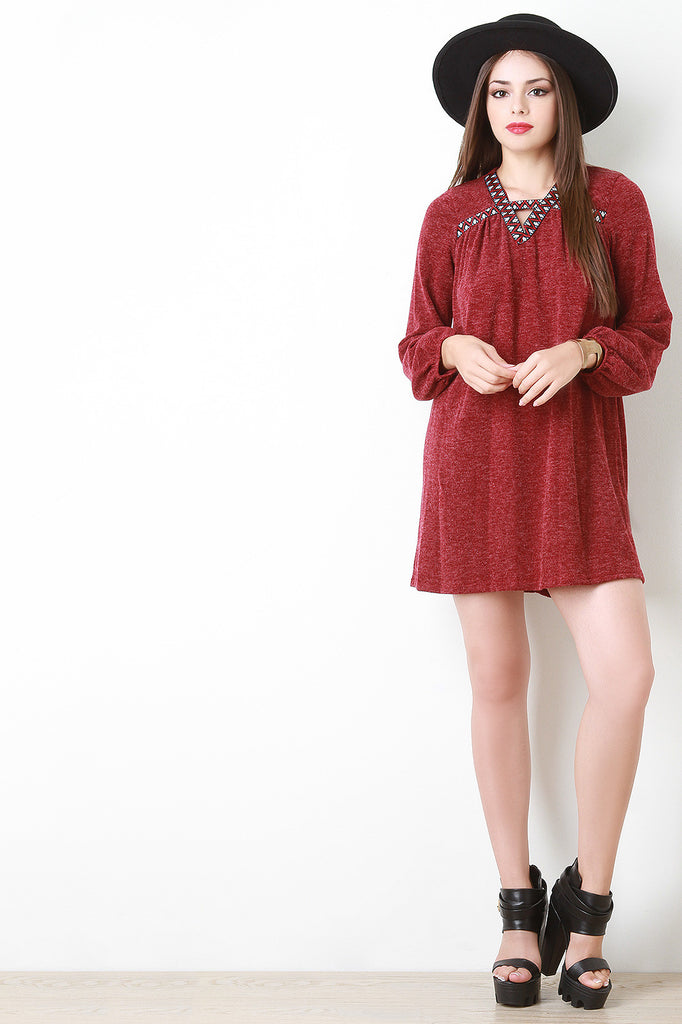 Embroidered Accent Melange Knit Shift Dress