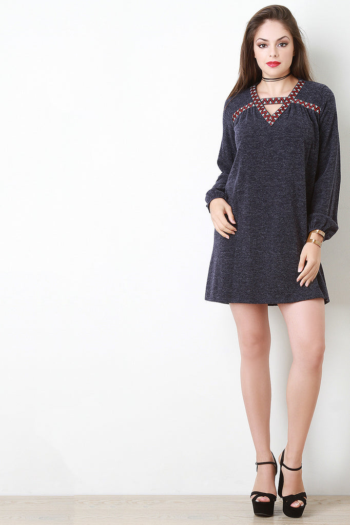 Embroidered Accent Melange Knit Shift Dress