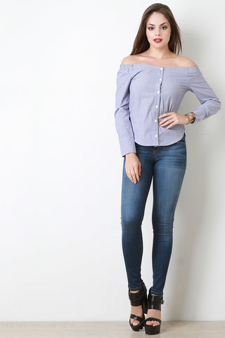 Pin Stripe Off The Shoulder Long Sleeve Button Up Top