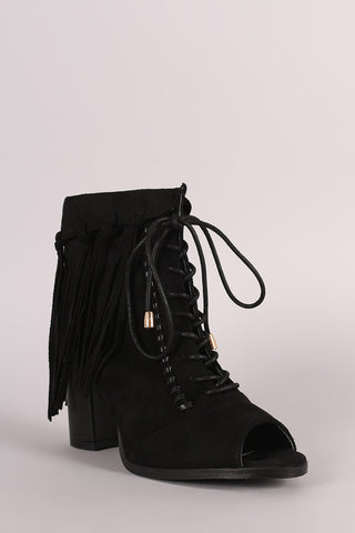Suede Tassel Fringe Cuff Lace Up Chunky Heeled Booties