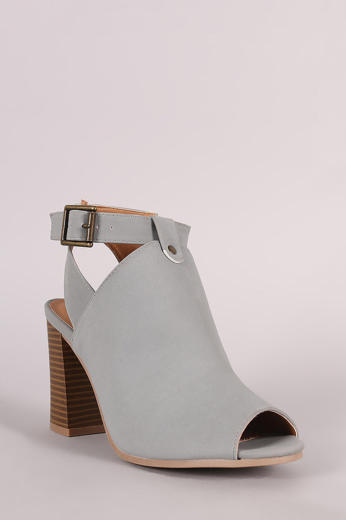 Qupid Nubuck Buckled Peep Toe Chunky Heeled Mule Booties