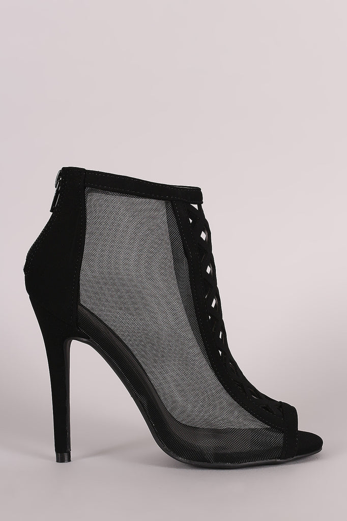 Qupid Geo Cutout Mesh Peep Toe Ankle Boots