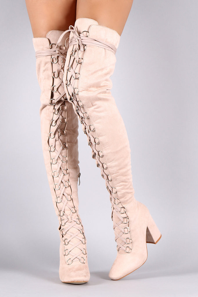 Suede Over The Knee Corset Lace Up Chunky Heel Boots