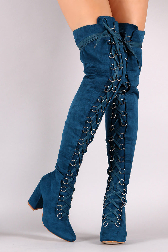 Suede Over The Knee Corset Lace Up Chunky Heel Boots