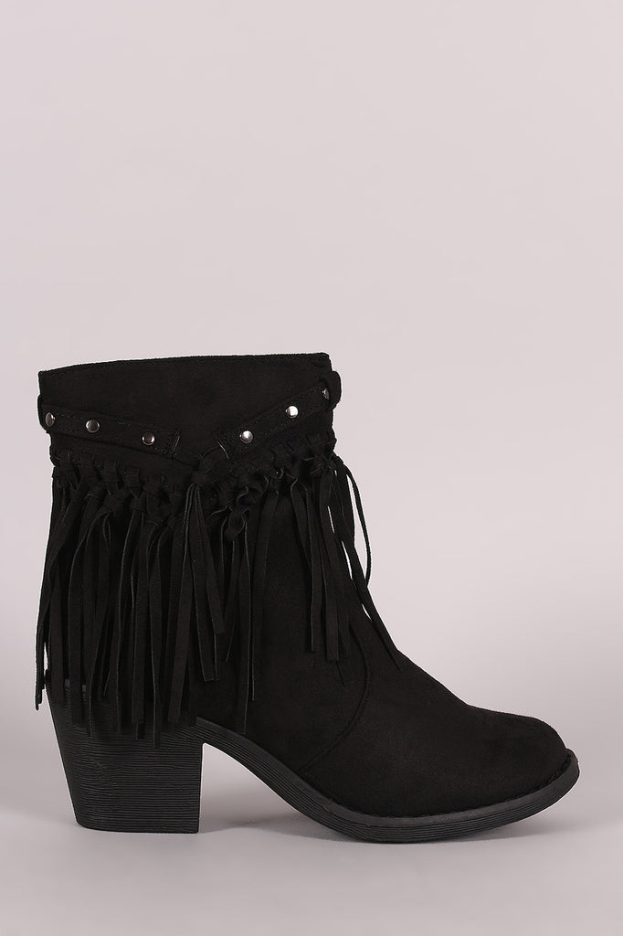 Suede Studded Fringe Chunky Heeled Western Ankle Boots