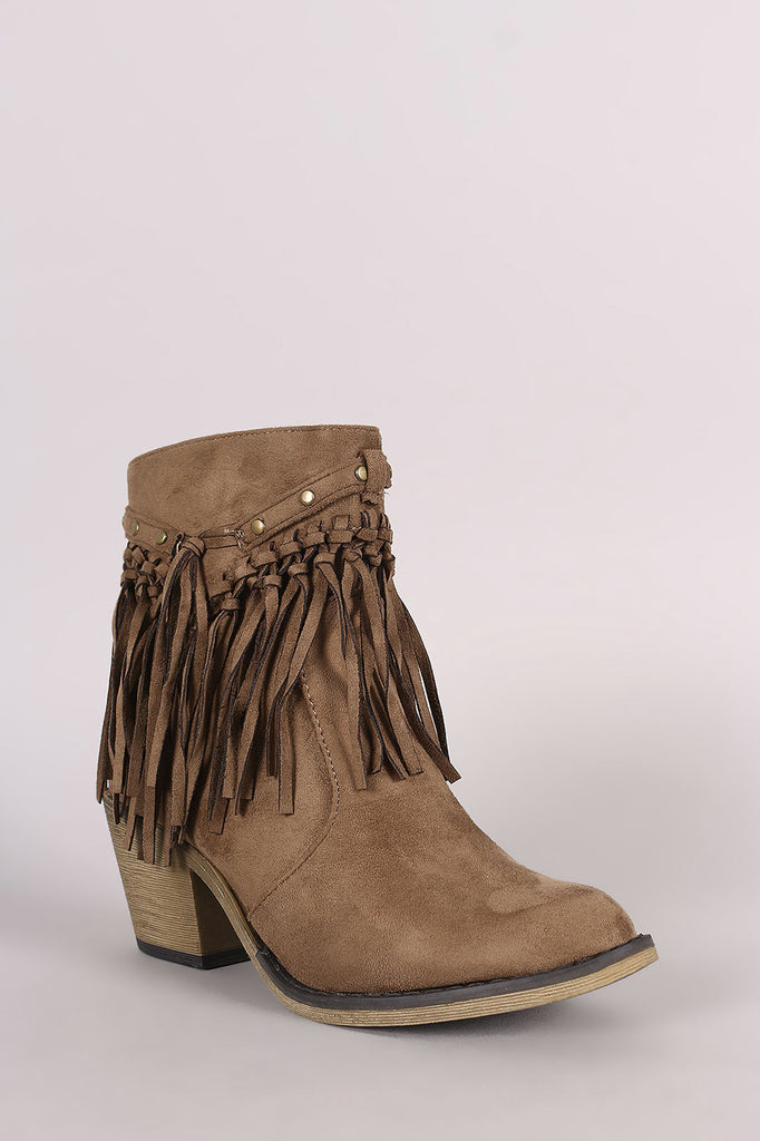 Suede Studded Fringe Chunky Heeled Western Ankle Boots