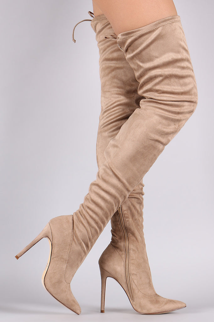 Pointy Toe Drawstring Tie Stiletto Suede Over-The-Knee Boots