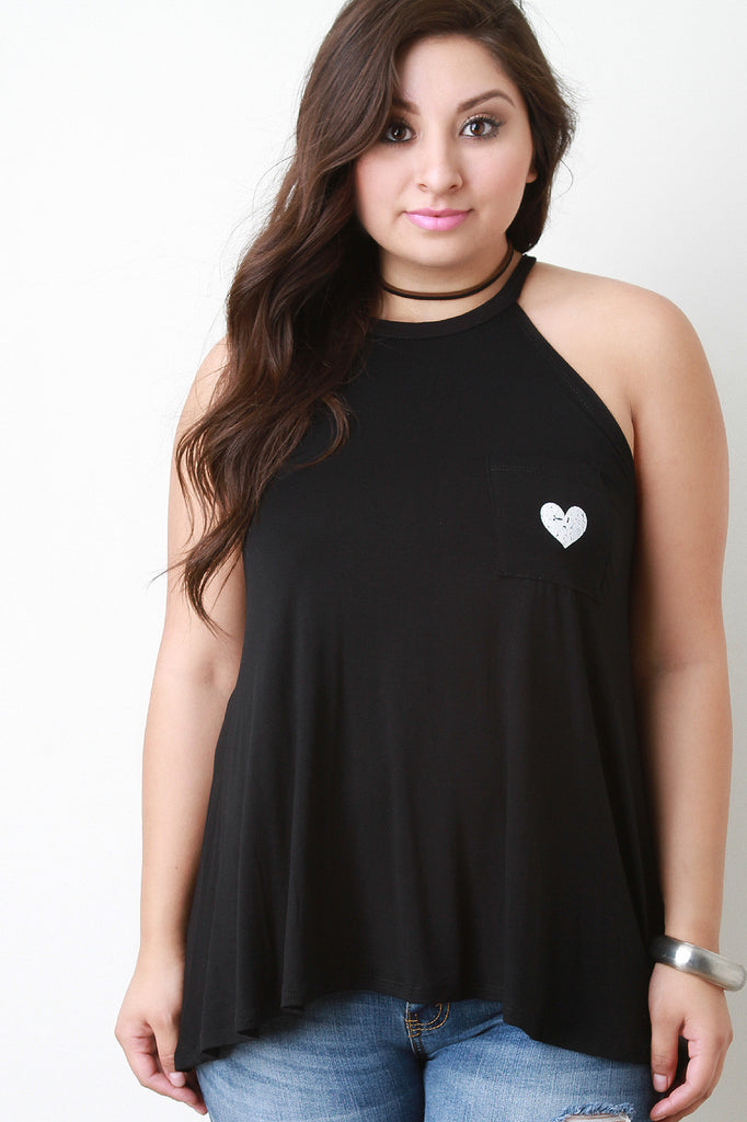 Mock Neck Sleeveless Heart Pocket Tank Top