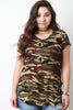 Camo Print High Low Rounded Hem Tee Shirt