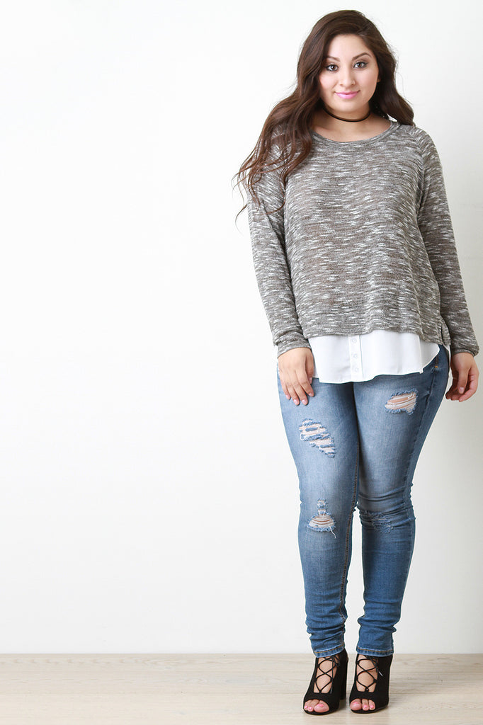 Marled Knit Contrast Hem Sweater