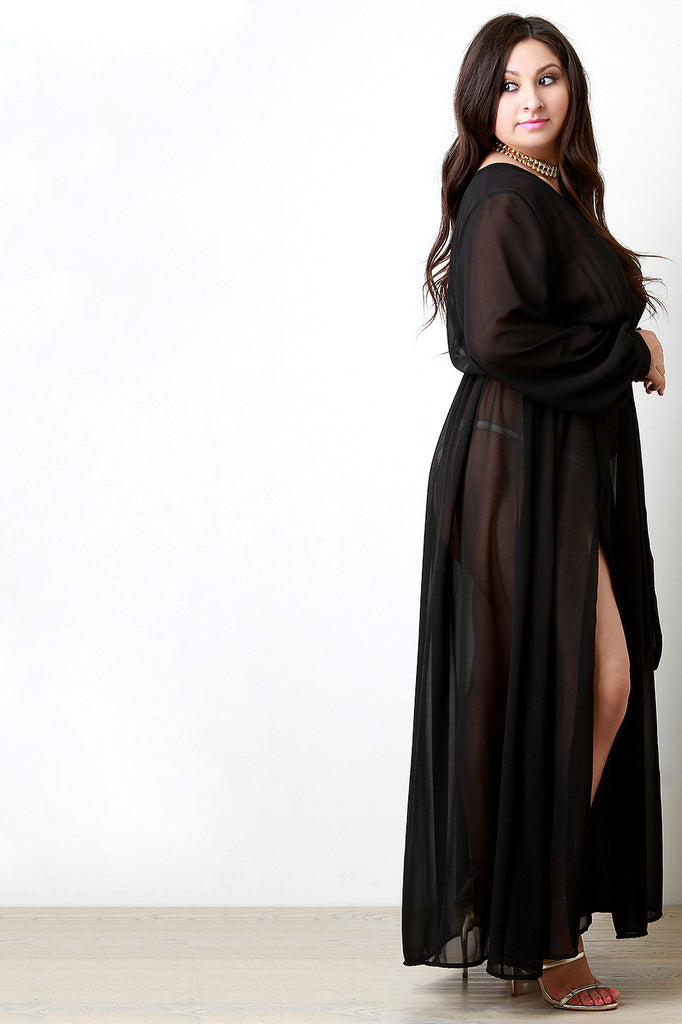 Sheer Chiffon Surplice Wrap Slit Maxi Dress