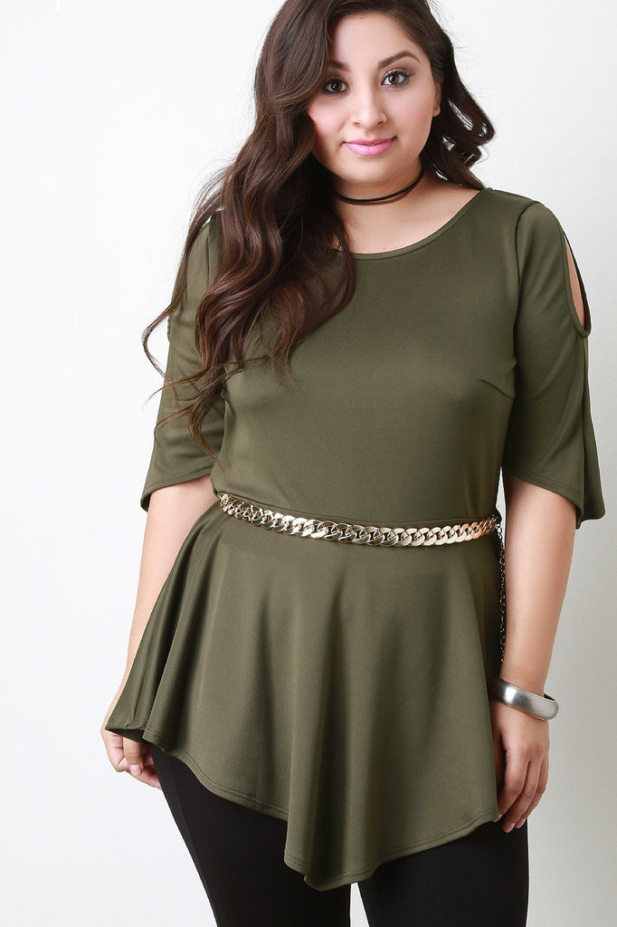 Cold Shoulder Peplum Chain Belted Top