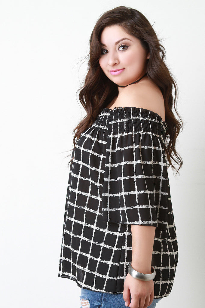 Off The Shoulder Grid Print Chiffon Top