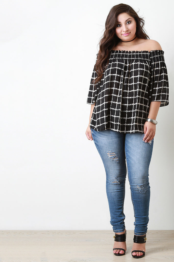 Off The Shoulder Grid Print Chiffon Top