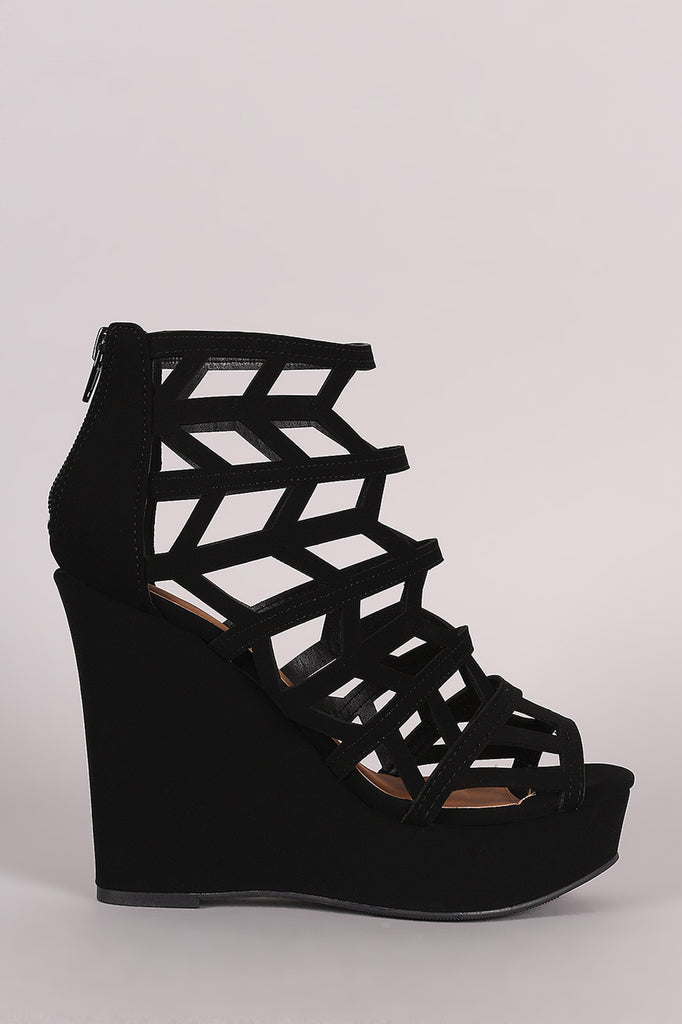 Qupid Nubuck Geometric Cage Platform Wedge