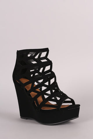 Qupid Nubuck Geometric Cage Platform Wedge