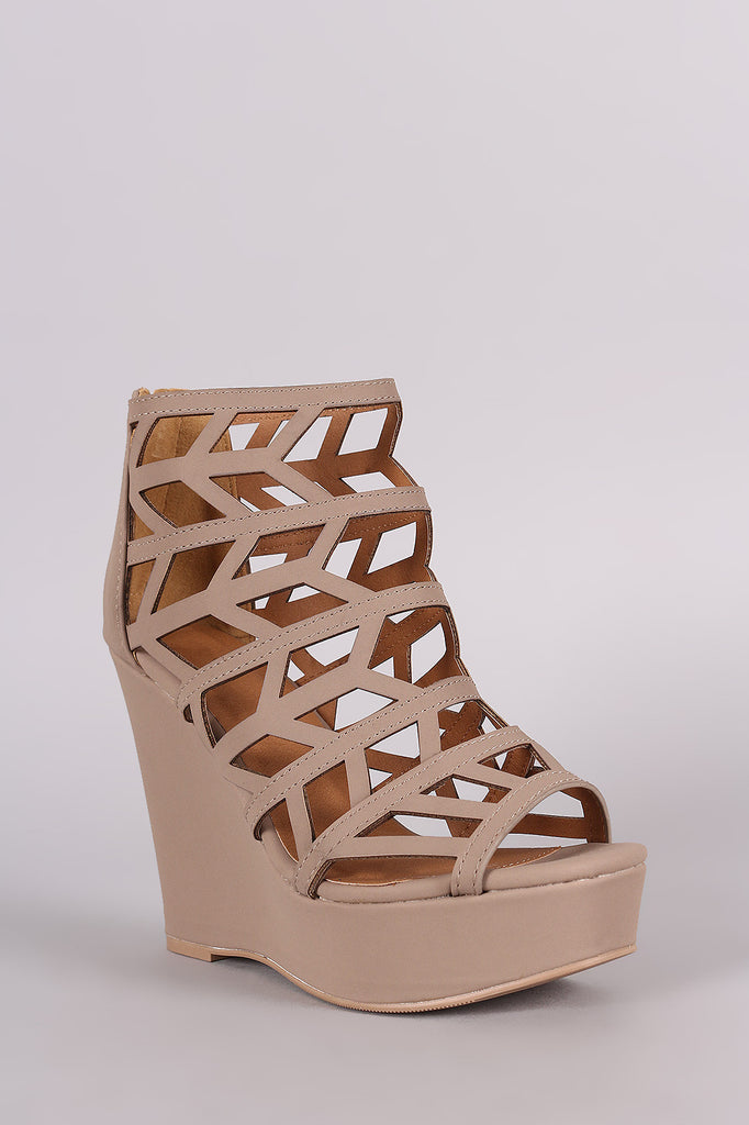 Qupid Nubuck Geometric Cage Platform Wedge